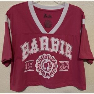 Barbie Pink Cropped Top XL Short Sleeve Cotton Blend V-Neck Tee Shirt Pullover